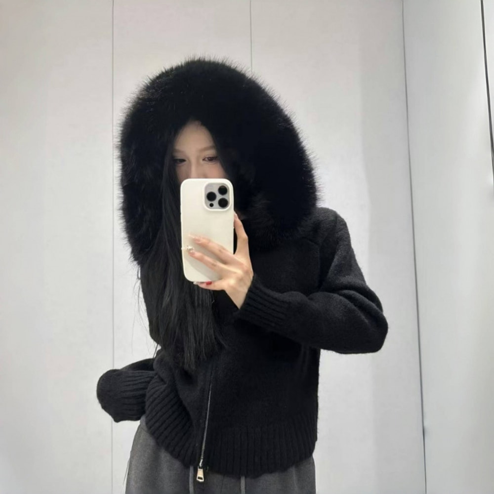 Women Fur Collar Autumn Sweater Coat Loose Fit Zipper Pullover 6
