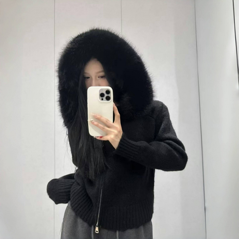 Women Fur Collar Autumn Sweater Coat Loose Fit Zipper Pullover 6