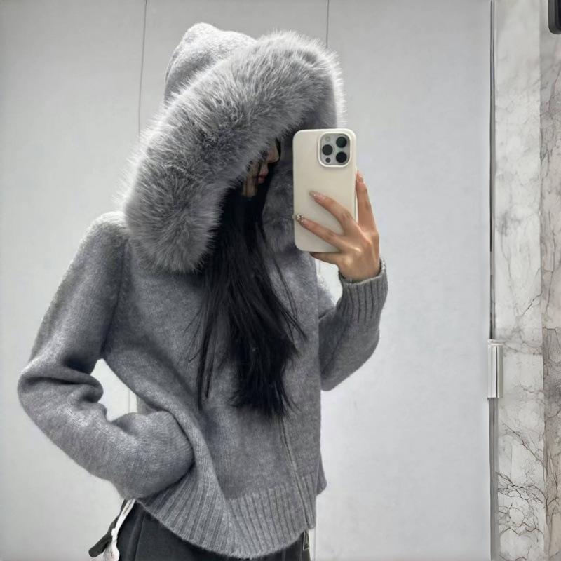 Women Fur Collar Autumn Sweater Coat Loose Fit Zipper Pullover 7