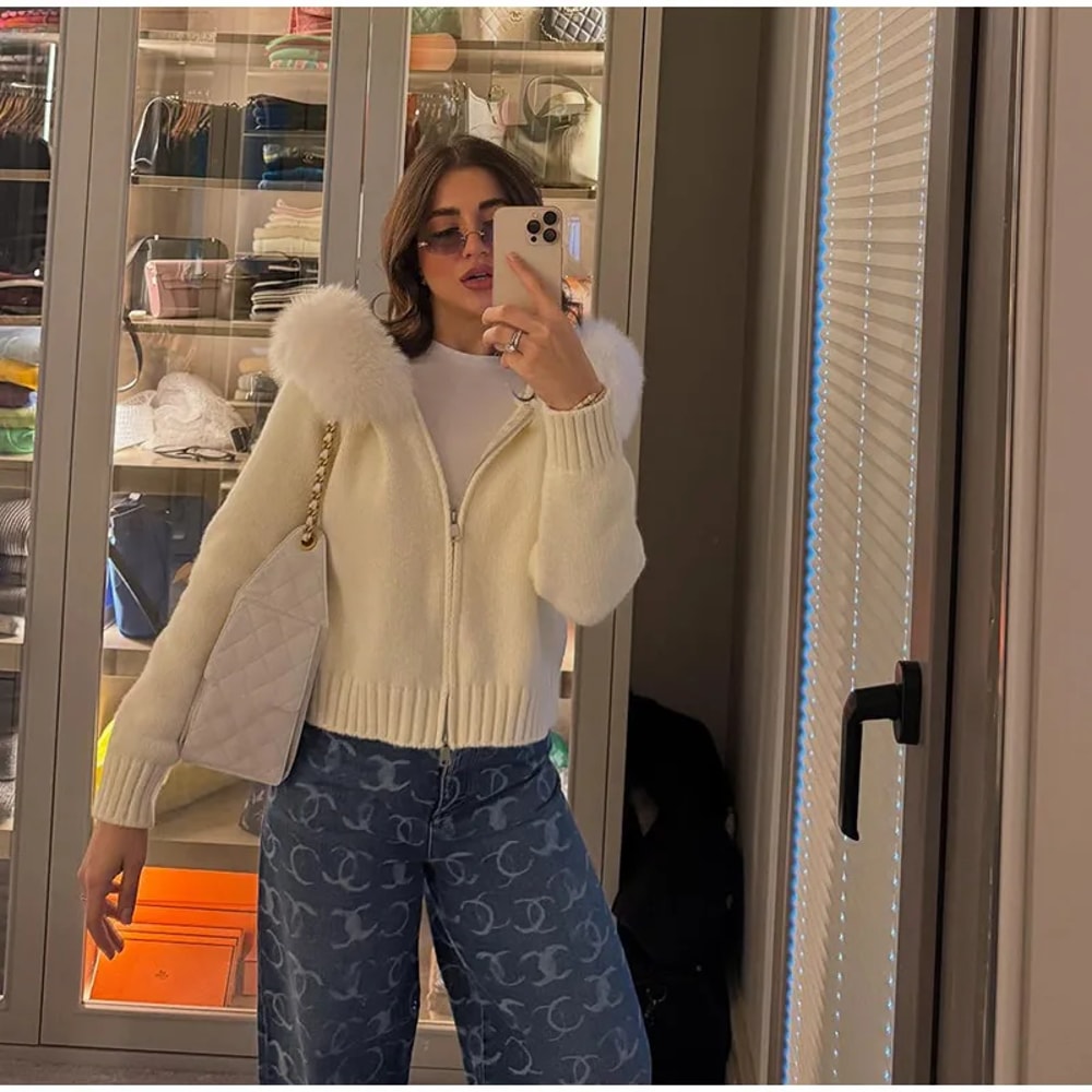 Women Fur Collar Autumn Sweater Coat Loose Fit Zipper Pullover 4