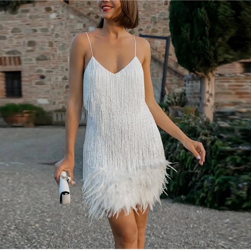 Sequin Feather Tassel Mini Dress For Women Elegant Party Club Wear 0