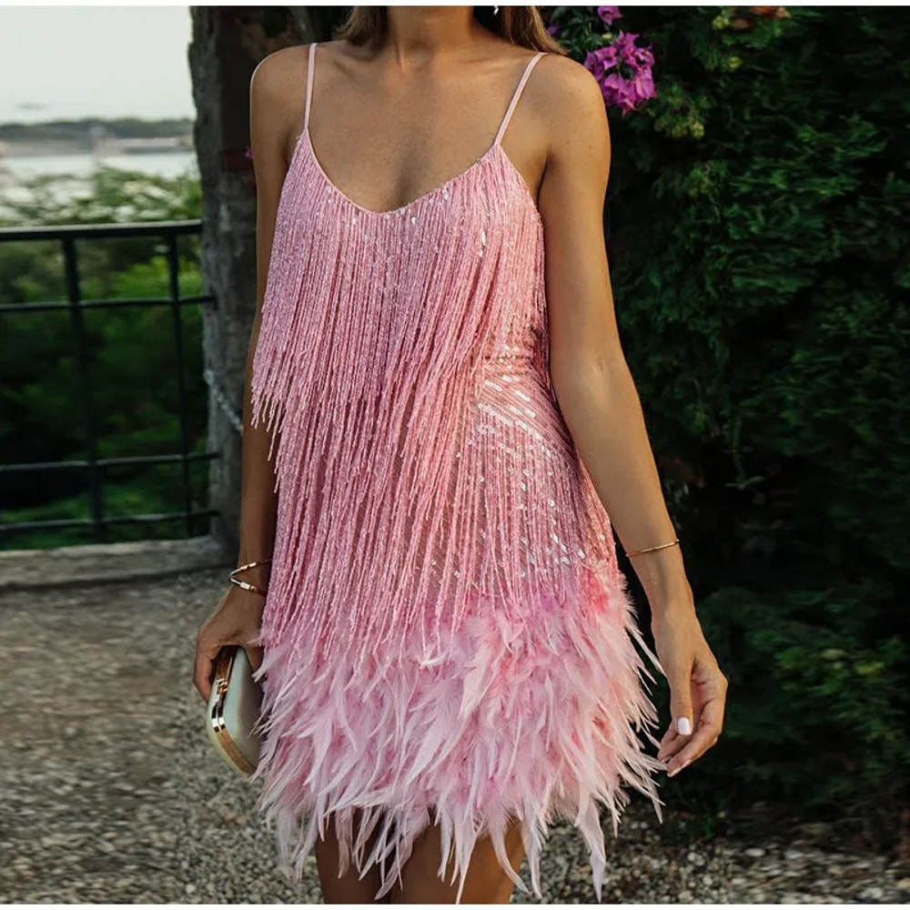 Sequin Feather Tassel Mini Dress For Women Elegant Party Club Wear 1