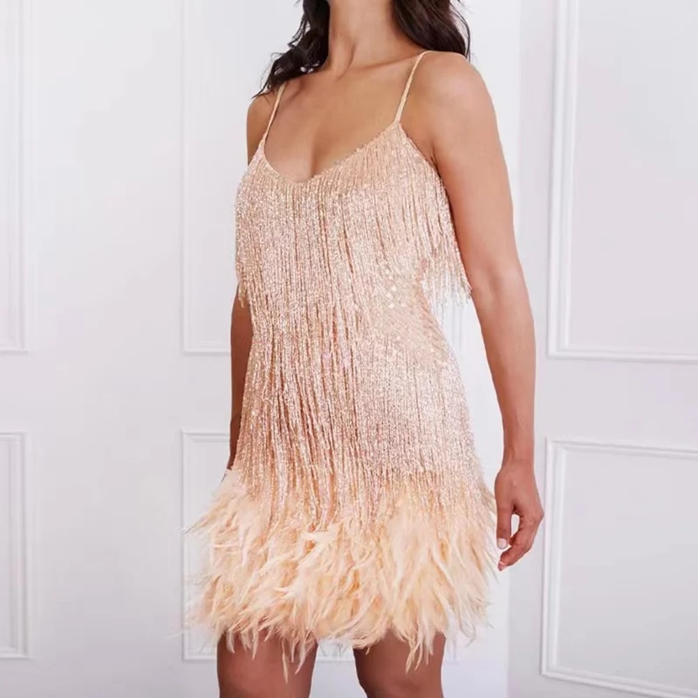 Sequin Feather Tassel Mini Dress For Women Elegant Party Club Wear 9