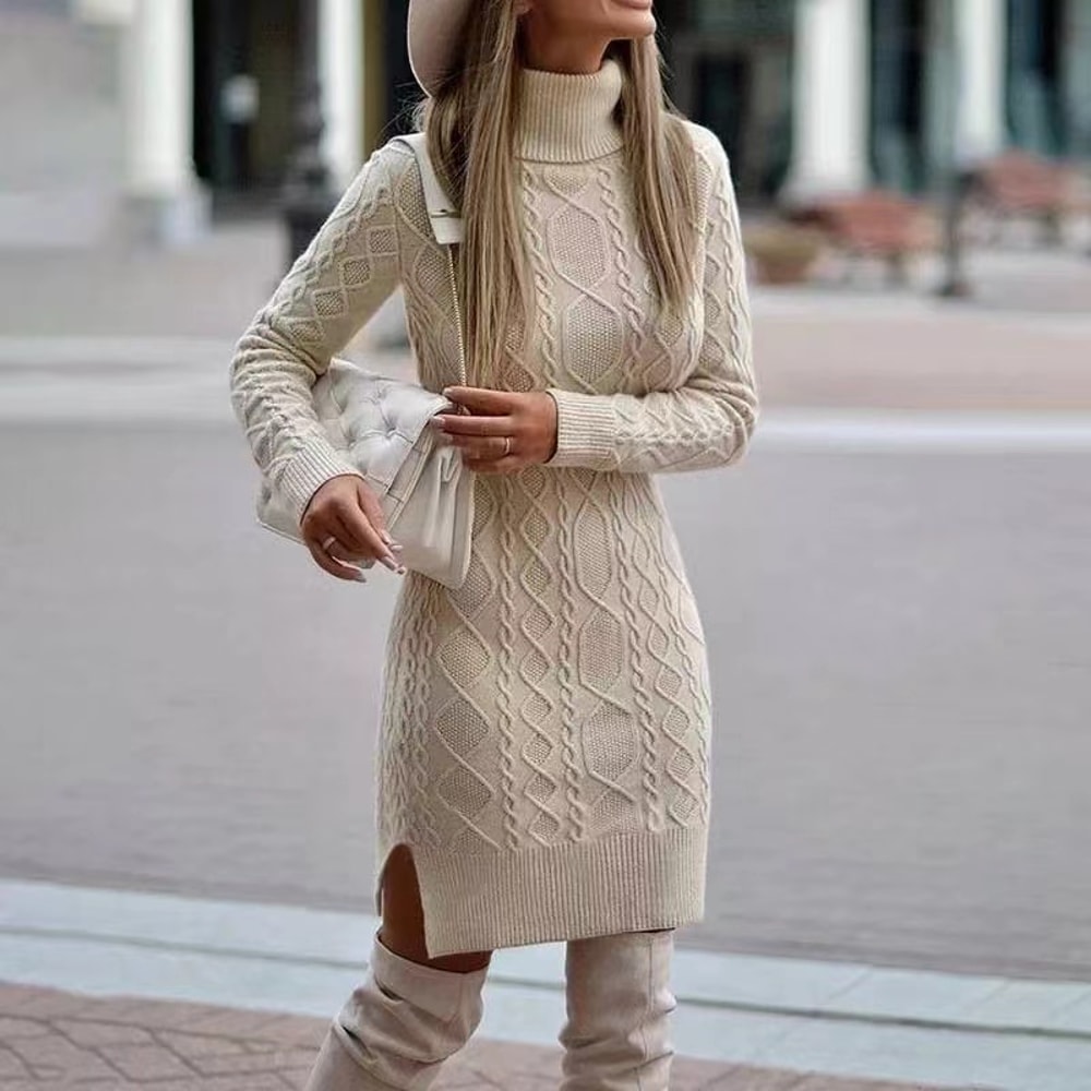 Elegant Winter Knit Sweater Dress With Wrap Hip Skirt And High Neck 0