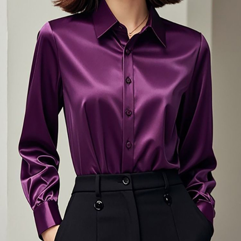 Elegant Womens Satin Blouse Long Sleeve ButtonUp Shirt For Office 1