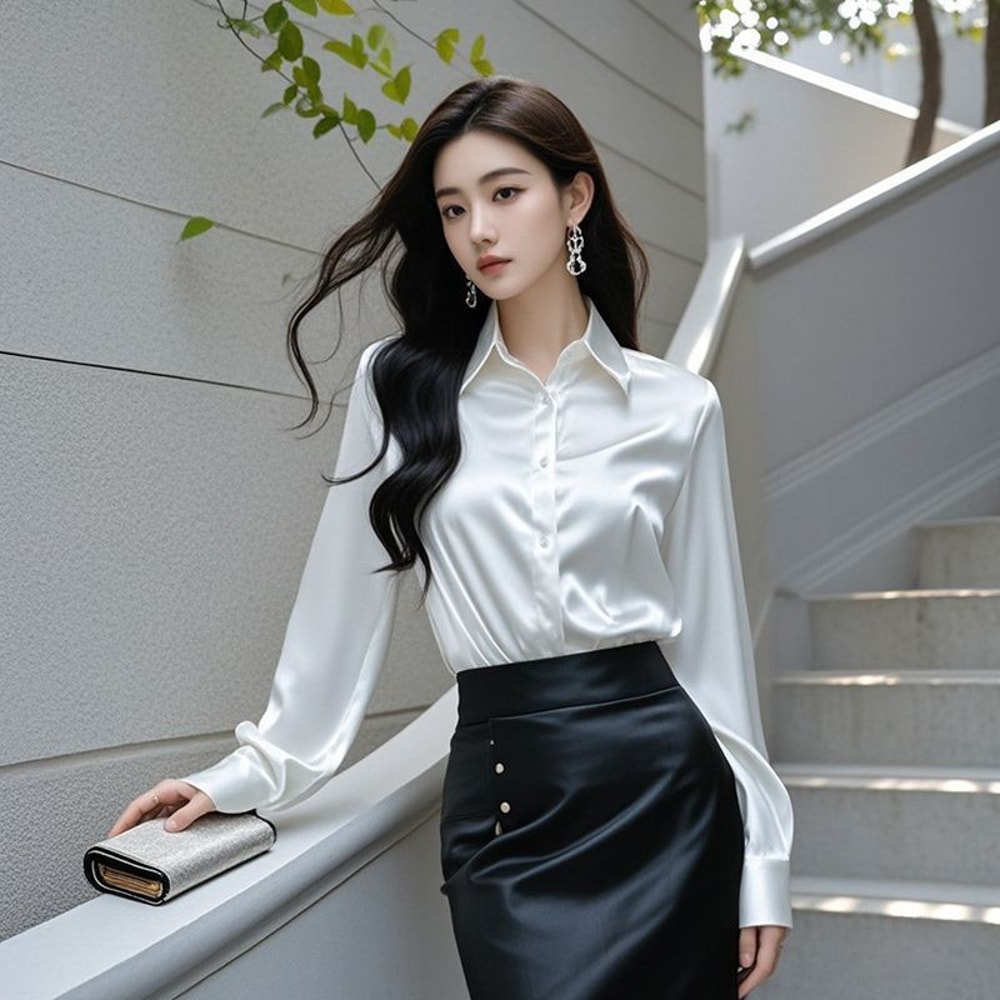 Elegant Womens Satin Blouse Long Sleeve ButtonUp Shirt For Office 3