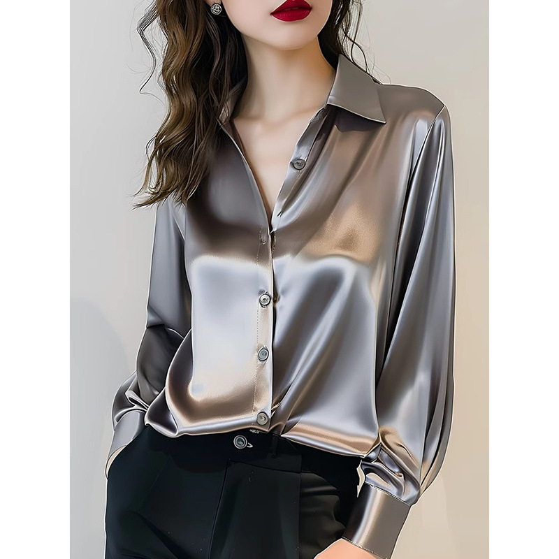 Elegant Womens Satin Blouse Long Sleeve ButtonUp Shirt For Office 0