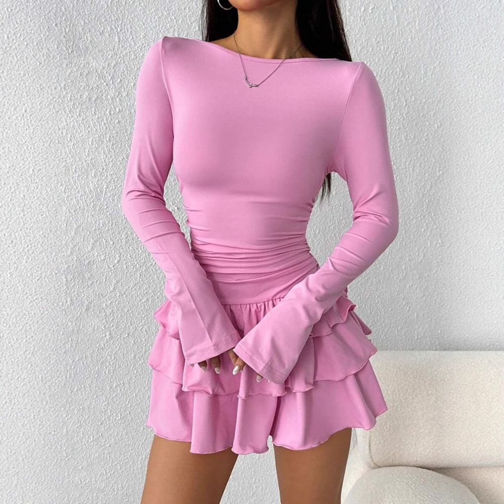 Elegant Slim Fit Mini Dress With Cascading Ruffles And Flare Sleeves Perfect For Winter Parties 4