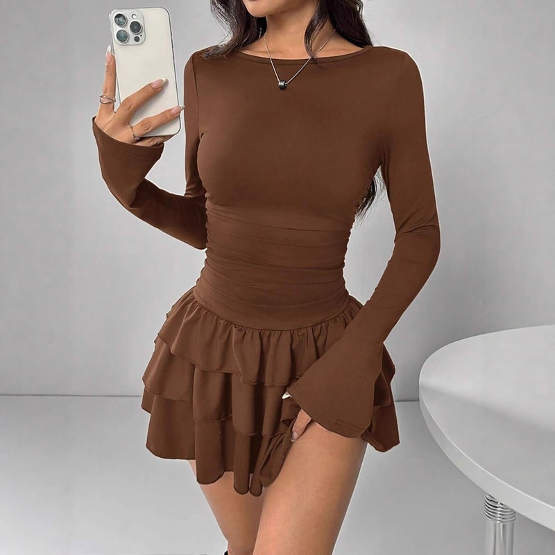 Elegant Slim Fit Mini Dress With Cascading Ruffles And Flare Sleeves Perfect For Winter Parties 5