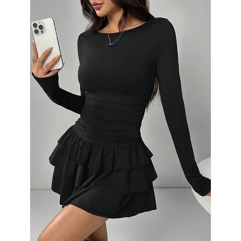 Elegant Slim Fit Mini Dress With Cascading Ruffles And Flare Sleeves Perfect For Winter Parties 6