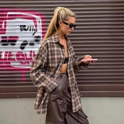 cozy casual plaid shirt for women – loose winter lapel button coat, vintage khaki full sleeve streetwear top