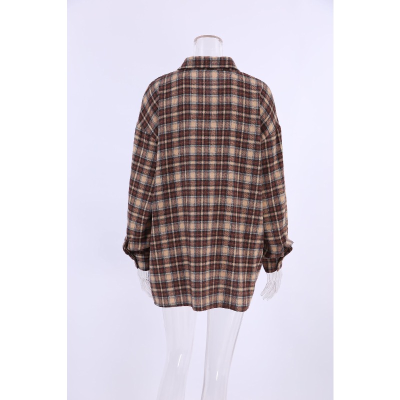Cozy Casual Plaid Shirt For Women Loose Winter Lapel Button Coat Vintage Khaki Full Sleeve Streetw 1