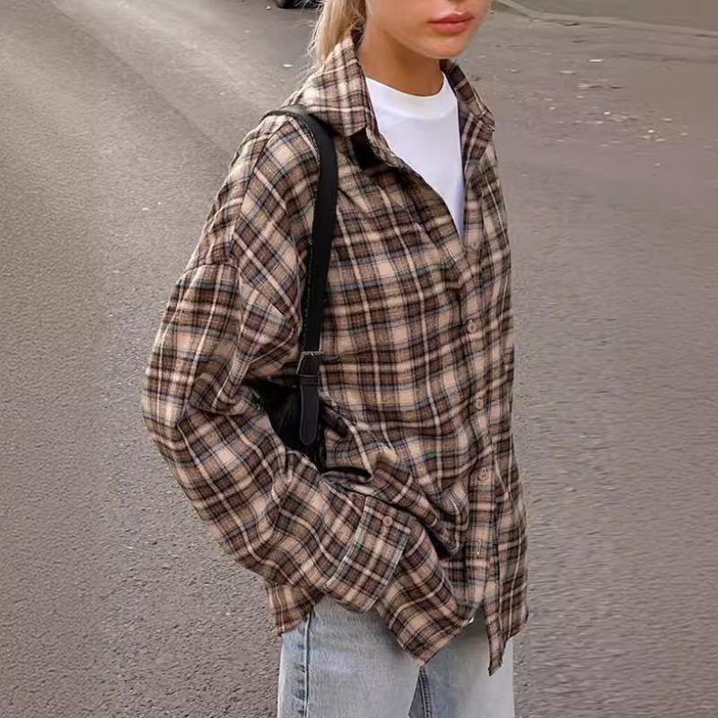 Cozy Casual Plaid Shirt For Women Loose Winter Lapel Button Coat Vintage Khaki Full Sleeve Streetw 2