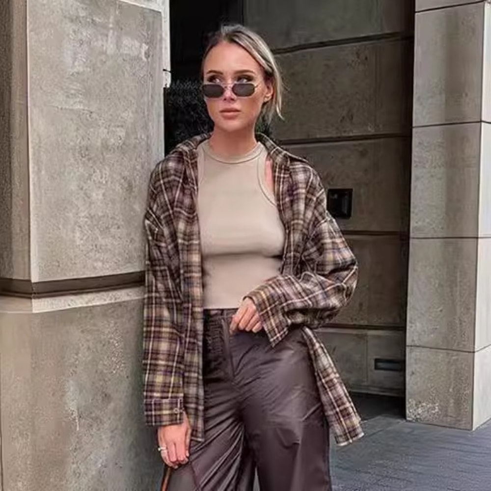 Cozy Casual Plaid Shirt For Women Loose Winter Lapel Button Coat Vintage Khaki Full Sleeve Streetw 3
