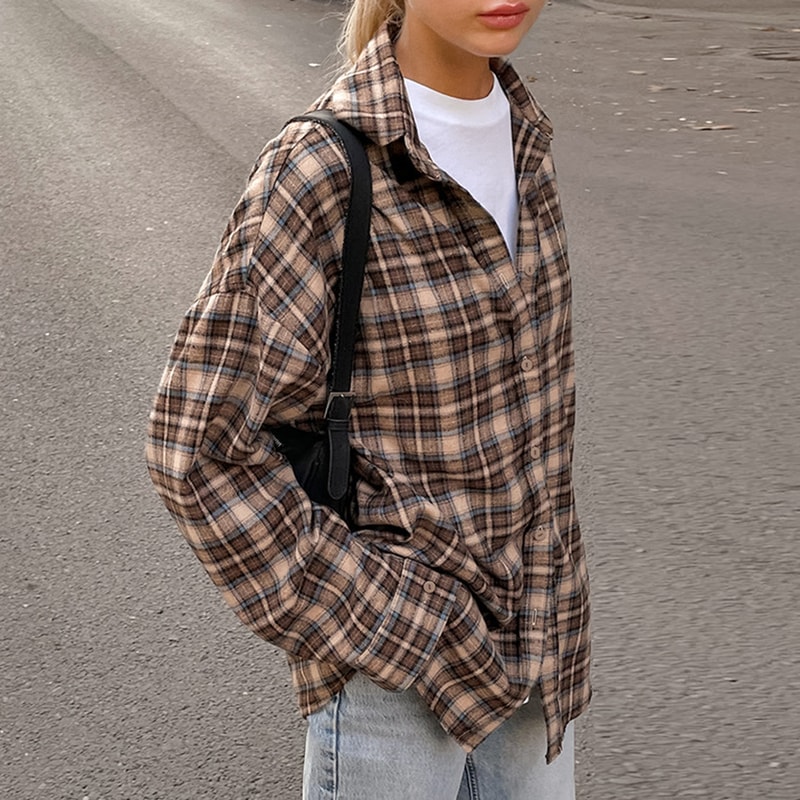 Cozy Casual Plaid Shirt For Women Loose Winter Lapel Button Coat Vintage Khaki Full Sleeve Streetw 4