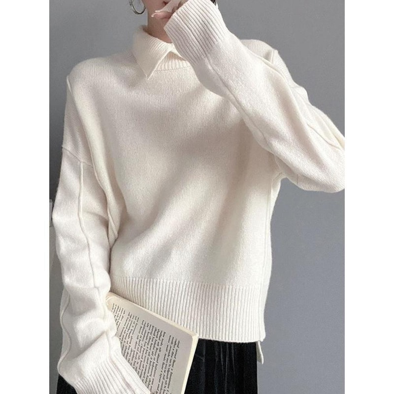 Women Elegant Knit Pullover Sweater Classic Turn Down Collar Winter Top For Ladies 1