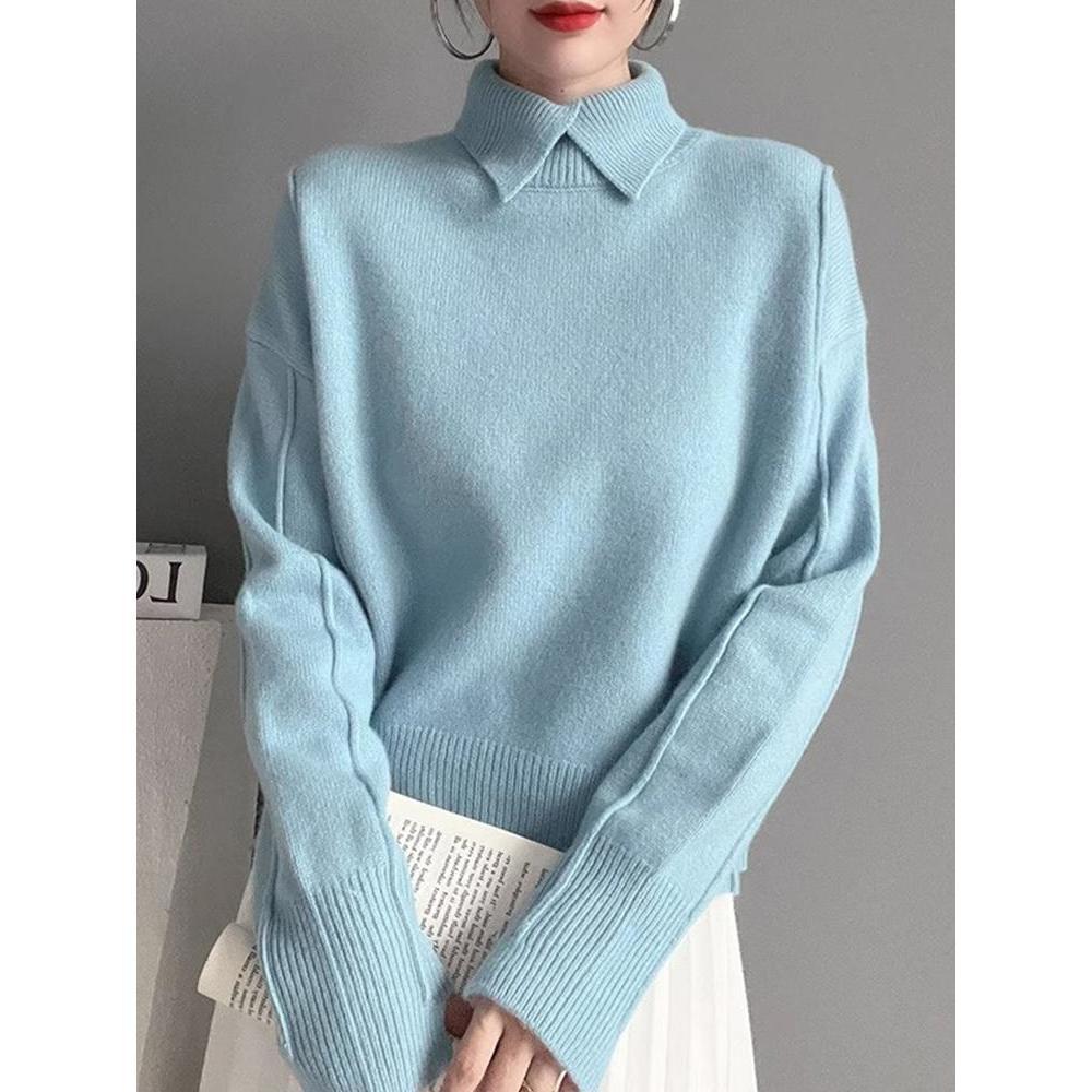 Women Elegant Knit Pullover Sweater Classic Turn Down Collar Winter Top For Ladies 0