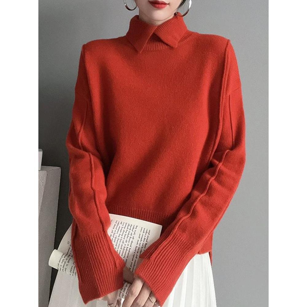 Women Elegant Knit Pullover Sweater Classic Turn Down Collar Winter Top For Ladies 3