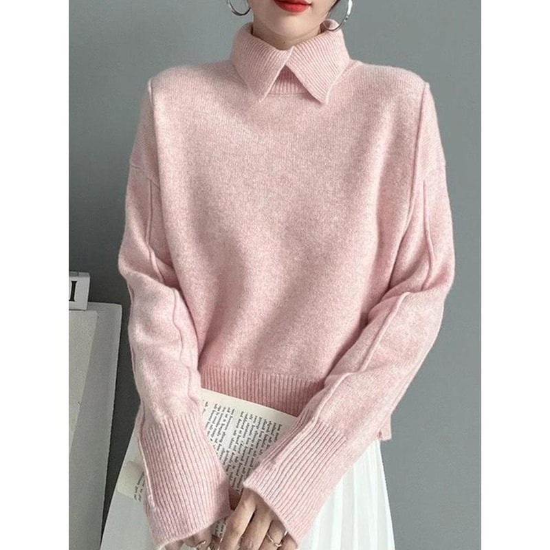 Women Elegant Knit Pullover Sweater Classic Turn Down Collar Winter Top For Ladies 4