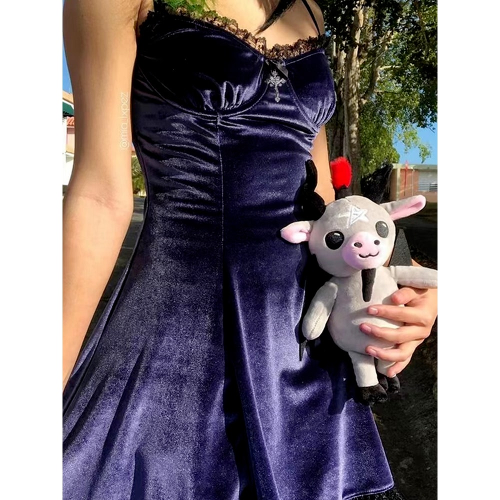 Velvet Gothic Black Mini Dress For Women Vintage Spaghetti Strap High Waist Gothic Aesthetic Dress 1