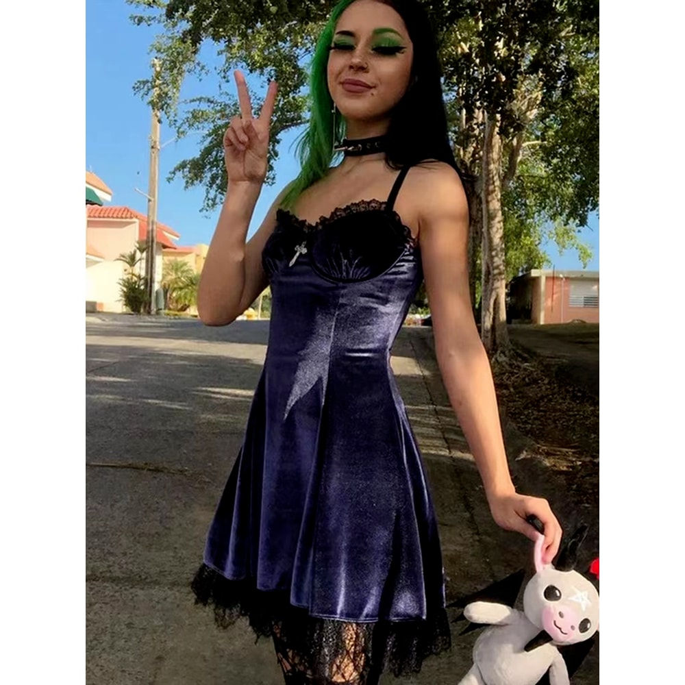 Velvet Gothic Black Mini Dress For Women Vintage Spaghetti Strap High Waist Gothic Aesthetic Dress 2
