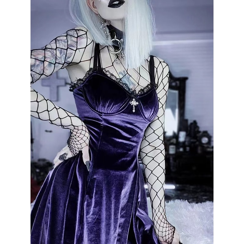 Velvet Gothic Black Mini Dress For Women Vintage Spaghetti Strap High Waist Gothic Aesthetic Dress 0