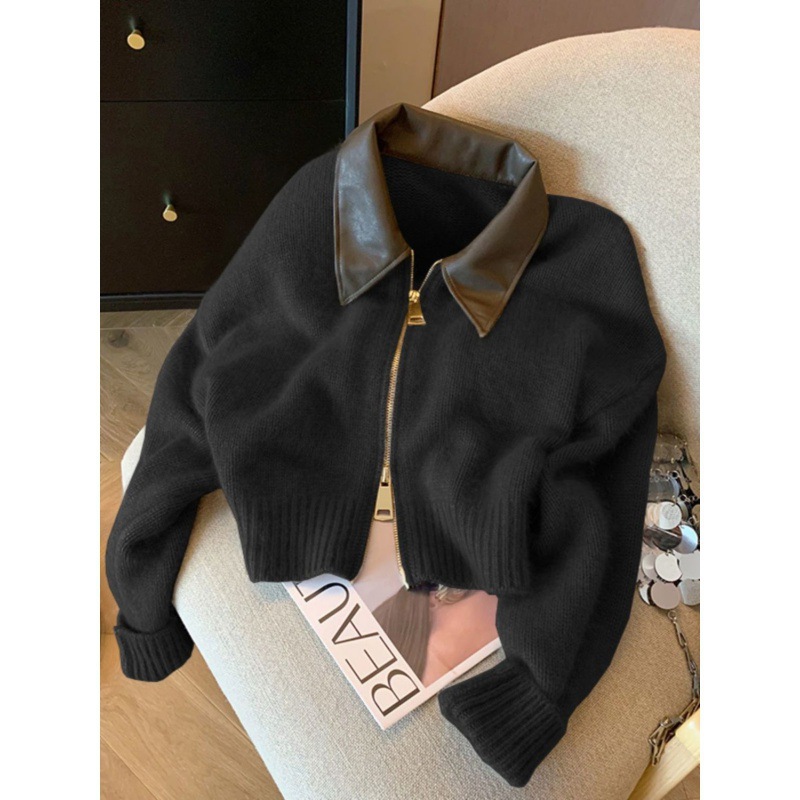 Vintage Zipper Cropped Cardigan For Women Thick Knitted Autumn Sweater Bomber Jacket Fitted Knitw 3