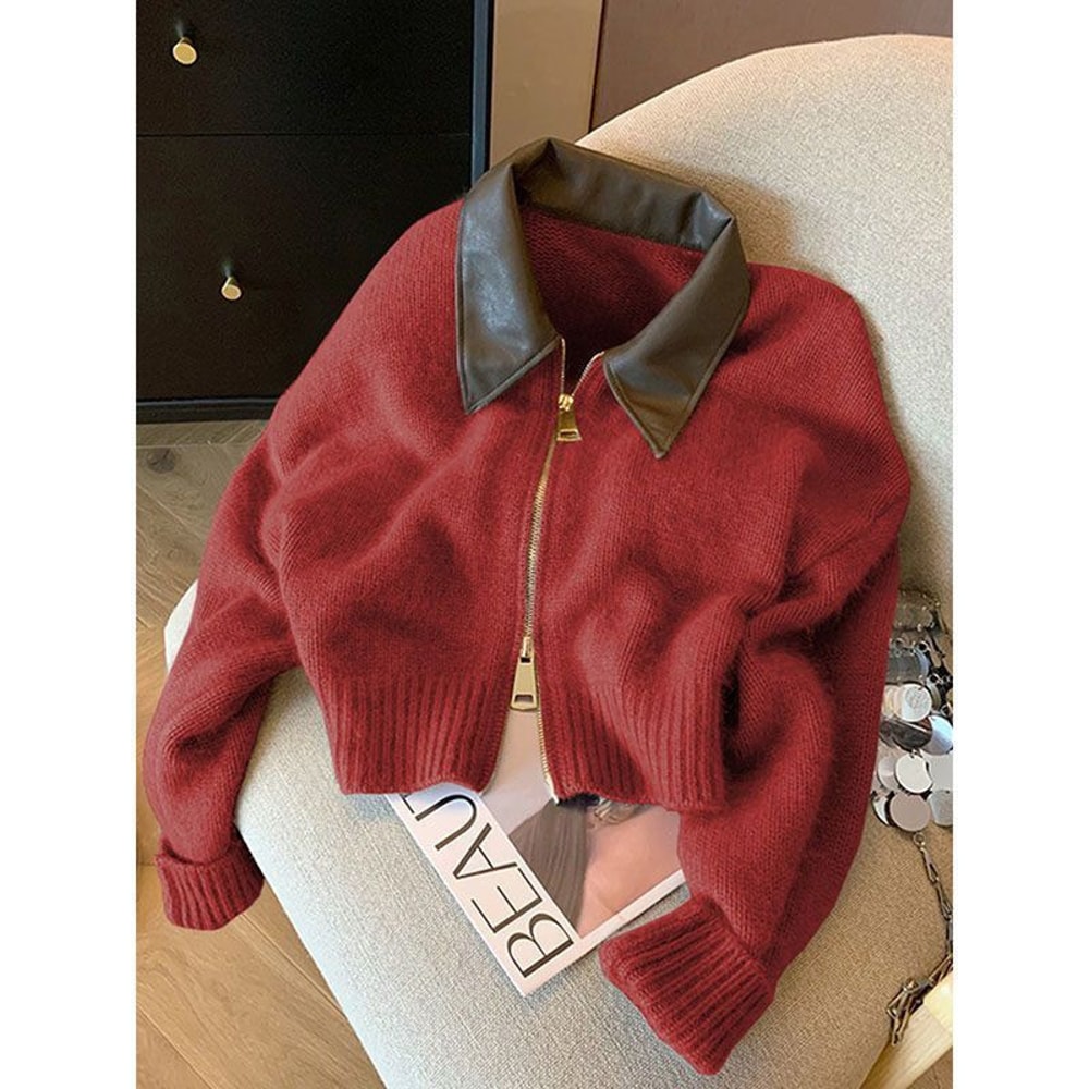 Vintage Zipper Cropped Cardigan For Women Thick Knitted Autumn Sweater Bomber Jacket Fitted Knitw 5