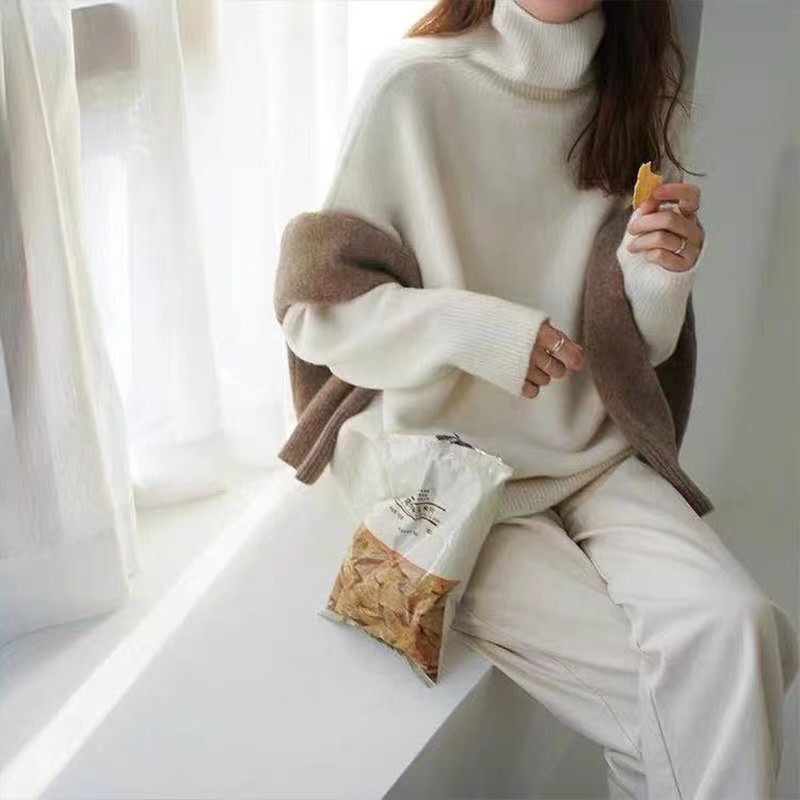 Thickened Loose Knitted Sweater High Collar Lazy Style Base Shirt Outerwear Autumn Winter Fashion C 0