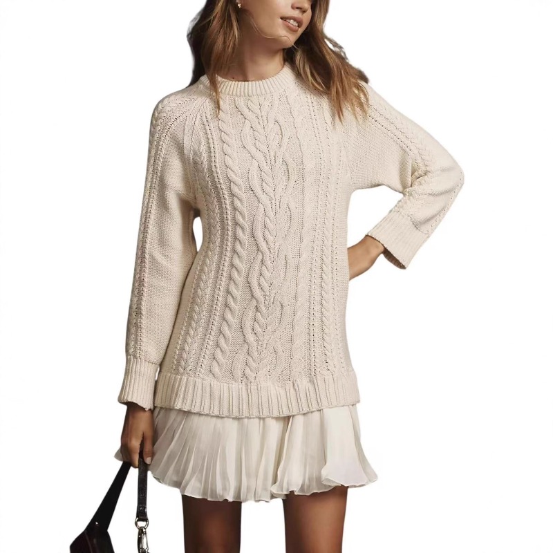 Long Sleeve Twist Knitted Sweater Dress Ruffle Chiffon Pleated ALine Fall Dress For Women Warm Pul 0