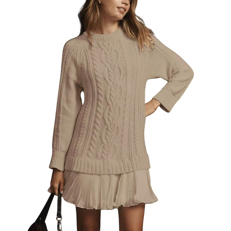 Long Sleeve Twist Knitted Sweater Dress Ruffle Chiffon Pleated ALine Fall Dress For Women Warm Pul 2