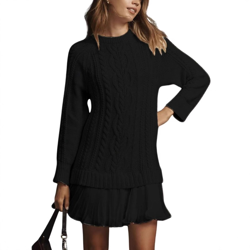 Long Sleeve Twist Knitted Sweater Dress Ruffle Chiffon Pleated ALine Fall Dress For Women Warm Pul 1