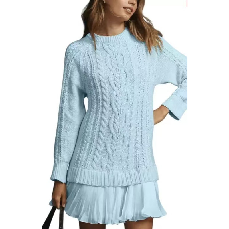 Long Sleeve Twist Knitted Sweater Dress Ruffle Chiffon Pleated ALine Fall Dress For Women Warm Pul 5