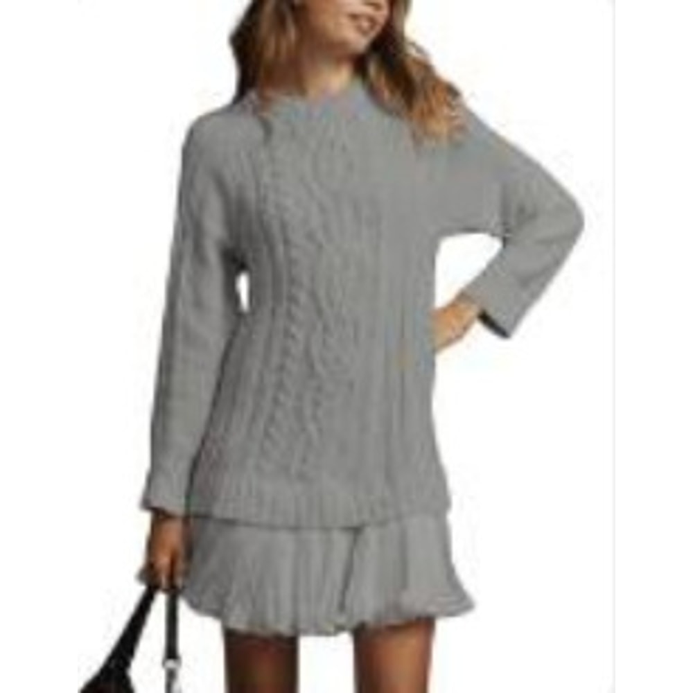 Long Sleeve Twist Knitted Sweater Dress Ruffle Chiffon Pleated ALine Fall Dress For Women Warm Pul 3