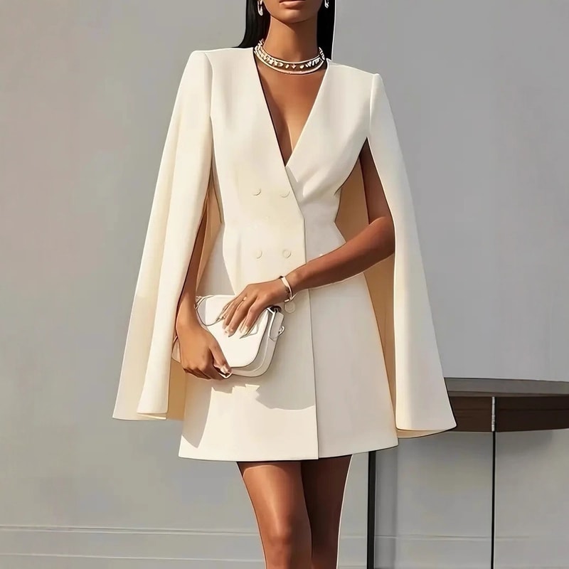 Elegant Vneck Shawl Cape Sleeve Blazer Dress Double Breasted Office Party Dress 0