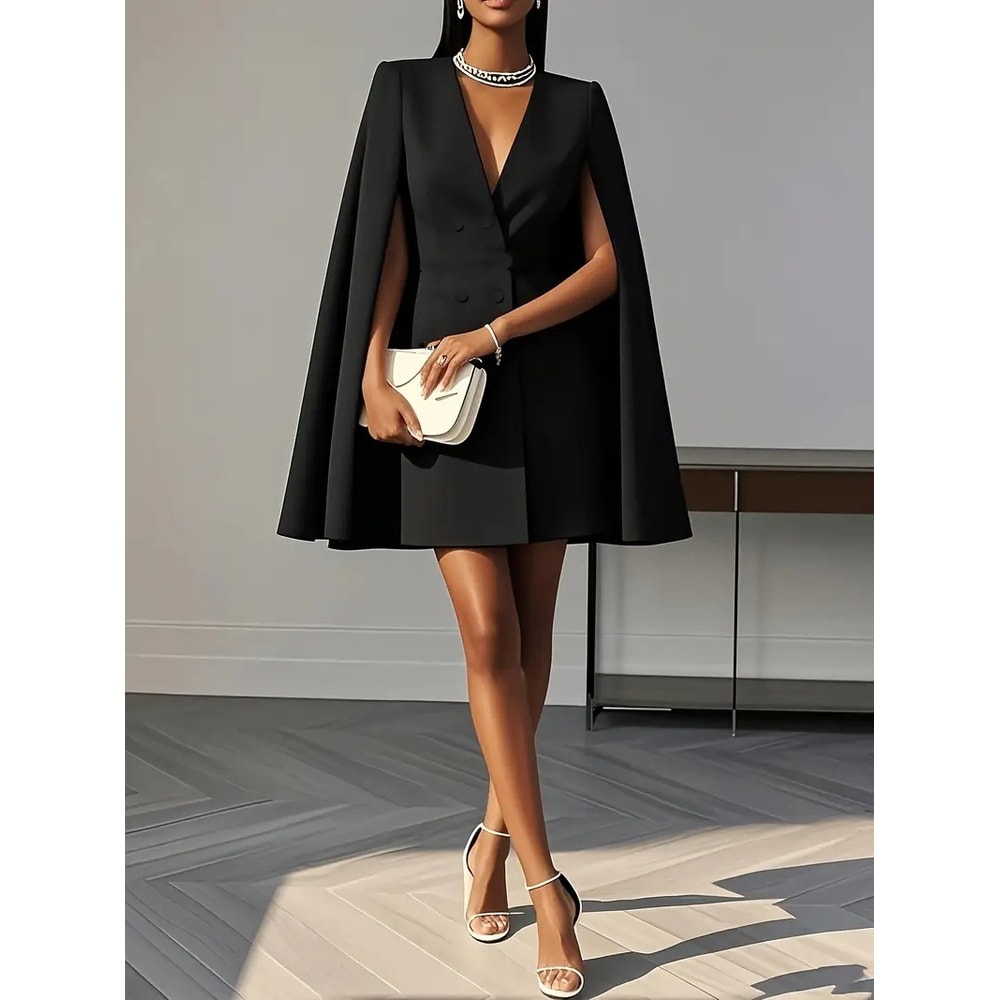 Elegant Vneck Shawl Cape Sleeve Blazer Dress Double Breasted Office Party Dress 5