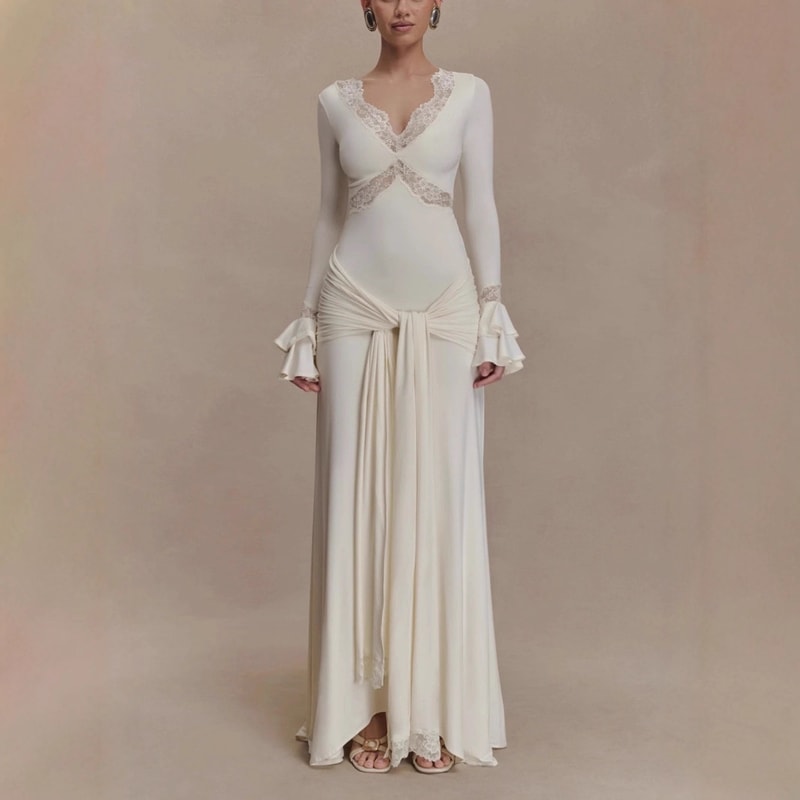 Elegant Long Sleeve Maxi Dress For Women Lace Patchwork VNeck Backless Draped Ruched Club Party Dr 0