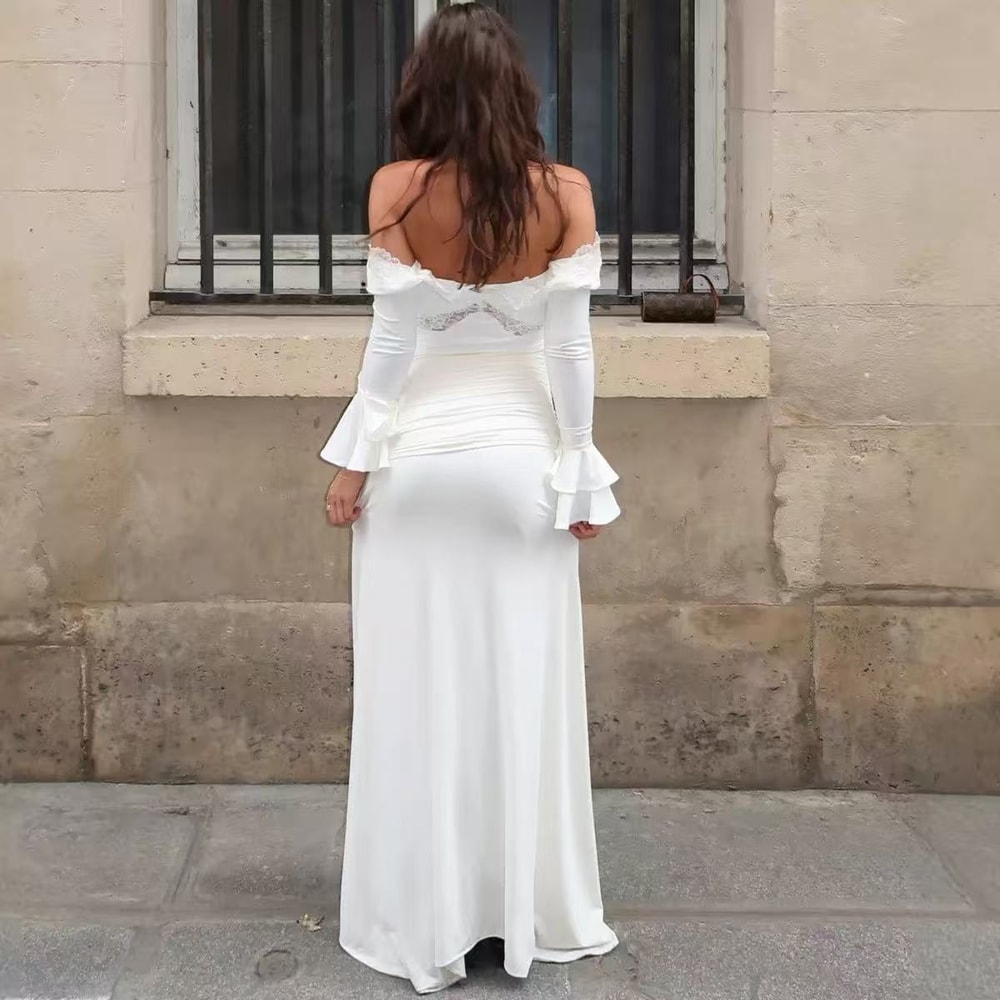 Elegant Long Sleeve Maxi Dress For Women Lace Patchwork VNeck Backless Draped Ruched Club Party Dr 4