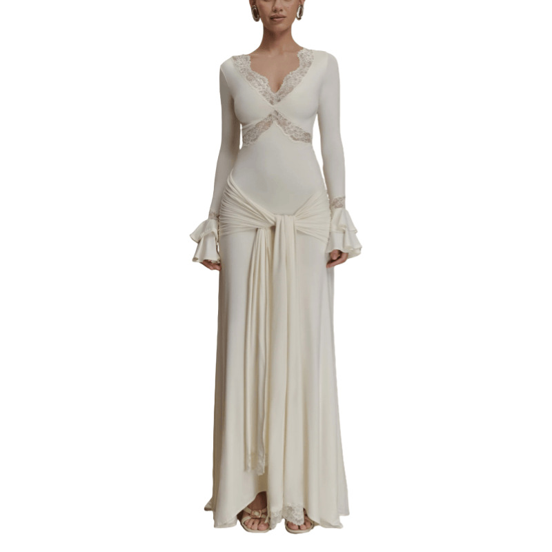Elegant Long Sleeve Maxi Dress For Women Lace Patchwork VNeck Backless Draped Ruched Club Party Dr 2