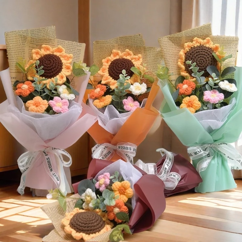 Handmade Sunflower & Daisy Crochet Bouquet – Eternal Flower for Anniversary, Mother's Day, & Birthdays