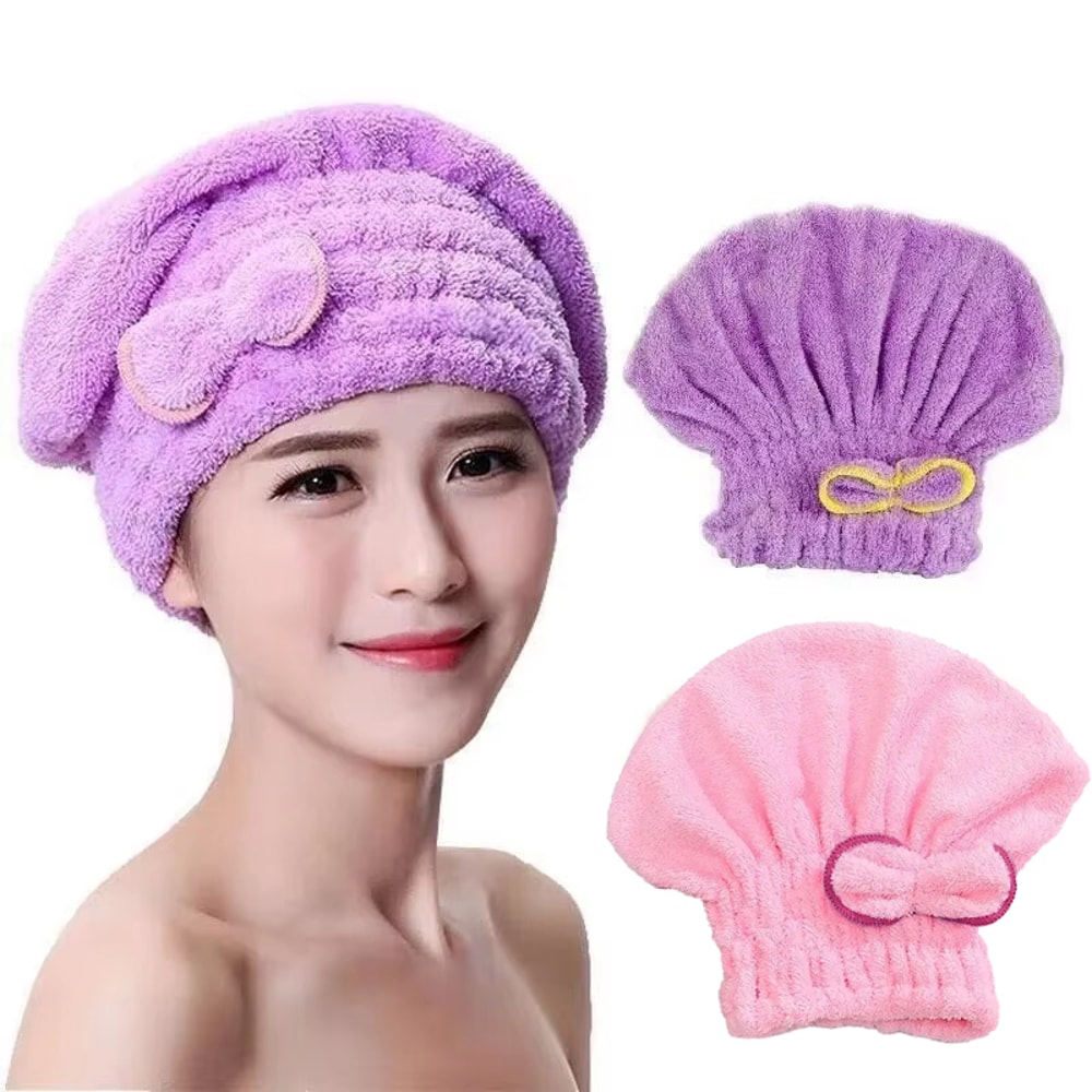 Microfibre Quick Hair Drying Bath Towel Cap With Bowknot Soft Breathable Shower Cap For Women 0