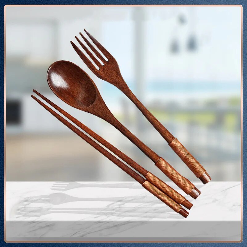 Wooden Chopsticks Fork Spoon Set Japanese Style Cutlery For Kitchen Home 0