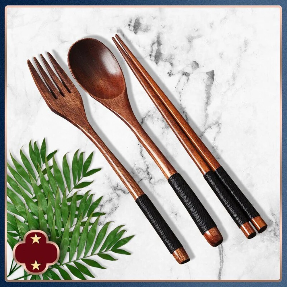 Wooden Chopsticks Fork Spoon Set Japanese Style Cutlery For Kitchen Home 2
