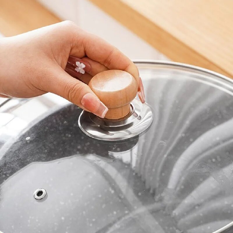Solid Wood Lid Handle Stainless Steel Pot Twist Cap AntiScalding Round Wooden Handle For Kitchenwa 3
