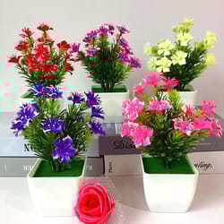 artificial bonsai flower plant in pot - small fake plants for home, office, or garden decor