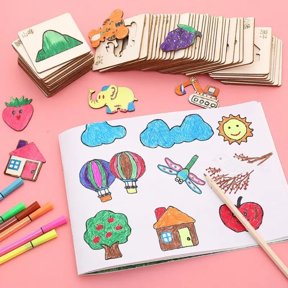 Wooden DIY Drawing Template Set With Markers Creative Drawing Tool Set For Kids 3