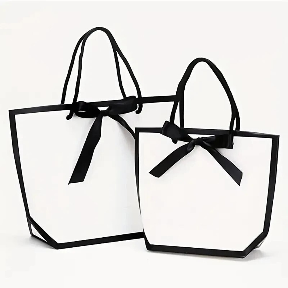 White Paper Tote Bags With Ribbon Bow Handles Pack For Weddings Parties And Gifts 1