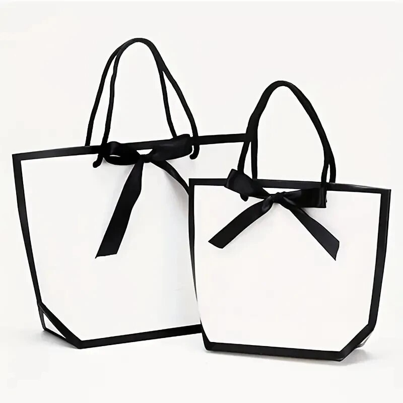White Paper Tote Bags With Ribbon Bow Handles Pack For Weddings Parties And Gifts 1
