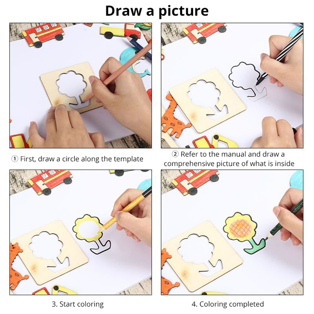 Wooden DIY Drawing Template Set With Markers Kids Drawing Tool For Creative Designs 3
