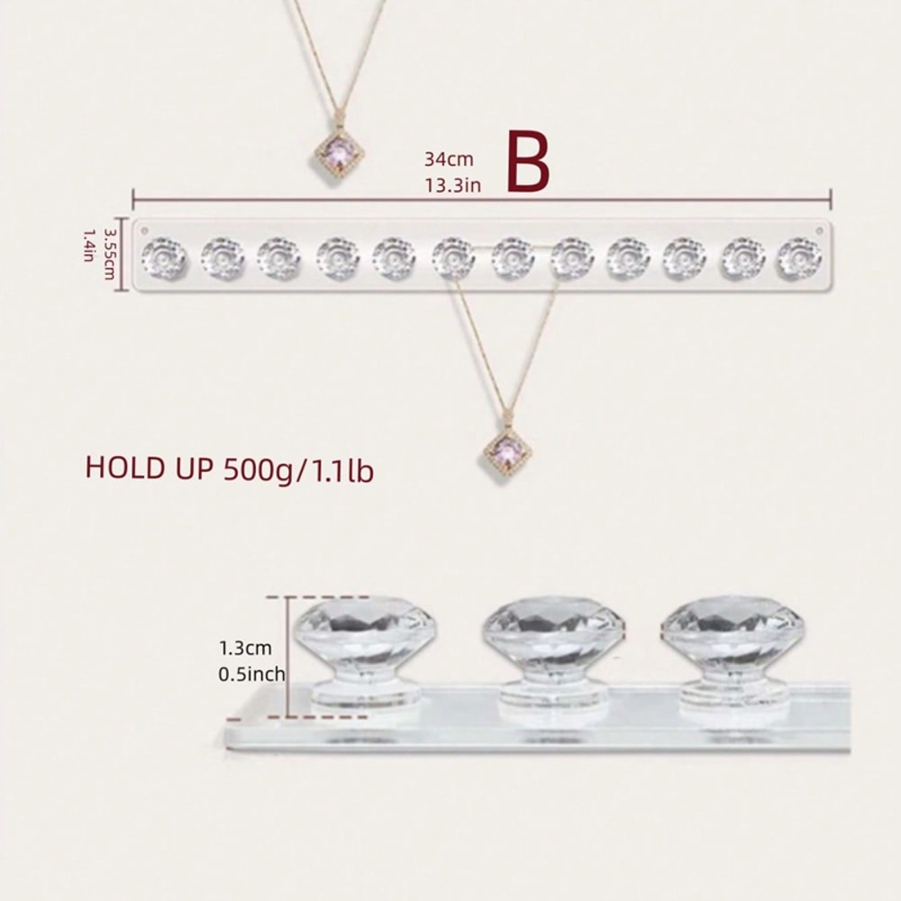 Wall Mounted Necklace Organizer Acrylic Jewelry Holder With Crystal Ball Knobs For Necklaces Brace 2